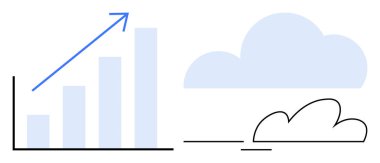 Rising bar graph with upward arrow and minimalist cloud beside it. Ideal for progress, growth, forecasting, data analysis, innovation, cloud technology, business success. Simple flat metaphor