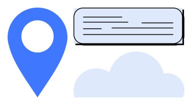 Blue map pin next to a light blue cloud and text block highlighting connectivity, geolocation, weather updates, and info sharing. Ideal for communication, navigation, organization, and simple flat