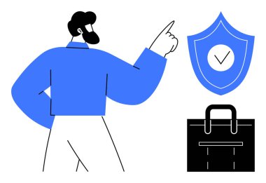 Professional pointing at a shield marked with a check alongside a business briefcase. Ideal for security, trust, business protection, insurance, verification, safe workplace, compliance themes