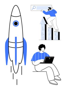 Rocket launching for growth, person analyzing data on laptop, another climbing graph with search tool. Ideal for success, innovation, progress, research, startup leadership teamwork. Simple flat