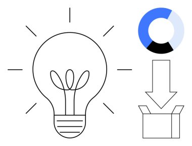 Lightbulb with plant growing inside symbolizes ideas. Circular progress chart, box, and arrow suggest innovation, progress, packaging, data transfer. Ideal for business, sustainability education