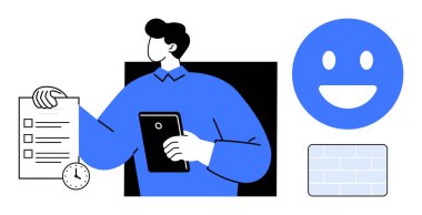 Person with tablet, checklist, clock, happy face, and abstract elements emphasize efficiency, organization, and positivity. Ideal for productivity, time management planning workplace education