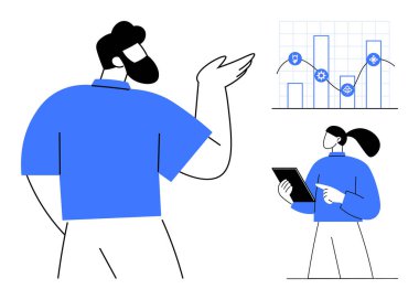 Man gestures toward analytics chart while woman uses a tablet for data review. Ideal for teamwork, analytics, collaboration, business growth, technology, presentation, and simple landing page