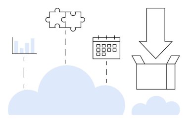 Cloud graphic connects analytics chart, puzzle pieces, and calendar to a downloadable file box. Ideal for cloud storage, collaboration, data sync, planning, productivity, teamwork modern workflow