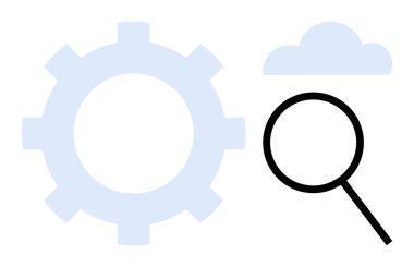 Gear, magnifying glass, and cloud icons symbolizing settings, research, and cloud computing. Ideal for technology, analysis, innovation workflow data development and strategy. Simple flat