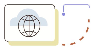 Globe inside a cloud symbolizes global connectivity with dashed lines and nodes illustrating data transfer. Ideal for technology, innovation, cloud storage, global network, data sharing, digital