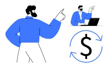 Man pointing toward colleague working on laptop with dollar sign and arrows symbolizing money flow. Ideal for business growth, collaboration, finance, consulting, investment, teamwork, simple flat