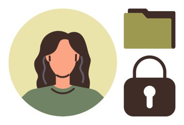 Female portrait, green folder, brown lock symbolizing data protection. Ideal for security, privacy, identity, information safety, confidentiality digital access simplicity. Clean flat metaphor