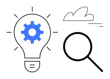 Light bulb with gear inside, magnifying glass, and cloud. Ideal for innovation, problem-solving, creativity, technology, analytics, research and a simple landing page