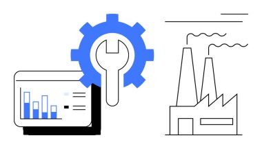 Digital bar chart analytics, gear with wrench for settings, and industrial factory. Ideal for manufacturing, productivity, technology, efficiency, maintenance business strategy automation. Simple