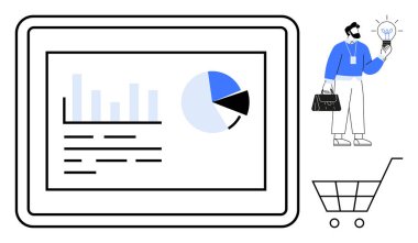 Digital tablet showing bar and pie charts, man with briefcase holding lightbulb, cart symbolizing e-commerce. Ideal for business growth, data analysis, innovation, e-commerce, planning