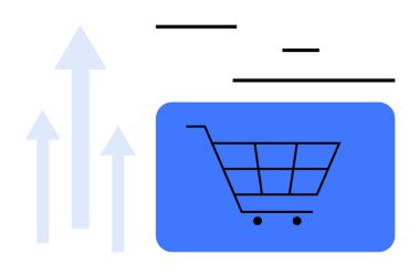 Büyümeyi simgeleyen yükselen oklar yanında mavi dikdörtgen üzerinde alışveriş arabası grafiği. İş, satış, e-ticaret, analitik, pazarlama, perakende trendleri için ideal, basit iniş sayfası