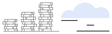Minimalist bir mavi bulutun yanında yükselen sıralı kitap yığınları. Eğitim, öğrenim, bilgi, büyüme, organizasyon, bulut depolama, veri kavramları için ideal, basit iniş sayfası