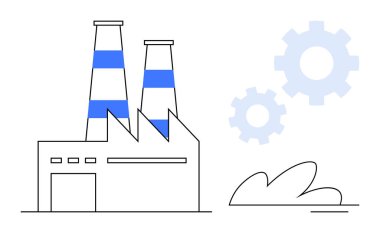 Uzun bacaları ve vites simgeleriyle birlikte minimum bitki elementleri olan fabrika binası. Sanayi, üretim, yenilik, üretim, mühendislik, enerji ve verimlilik için idealdir. Basit düz