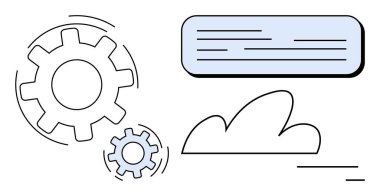 Veri işlemeyi, teknolojiyi ya da takım çalışmasını sembolize eden birbirine bağlı vitesler, bulut şekli ve metin bloğu. Teknolojik iş akışı, otomasyon, yenilik, iş stratejisi ve basit iniş sayfası için ideal