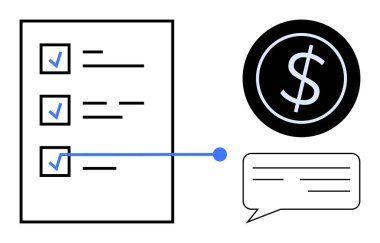 Mavi işaretli kontrol listesi, iletişim için bir konuşma balonu ve finansal hedefleri temsil eden bir dolar işareti. Planlama, yönetim, organizasyon, bütçe, izleme ve iletişim için ideal