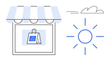 Shopping bag with recycling sign in a window display under striped awning, sunny day, line art style. Ideal for retail, eco-consciousness, sustainability, shopping, business growth, environment