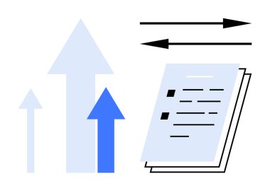 Upward arrows signify progress and growth, while stacked documents reflect organization and data flow. Ideal for business development, data management, analysis, efficiency, success, and planning