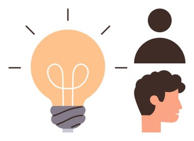 Glowing light bulb, human head in profile, and person icon representing creativity, innovation, problem-solving, brainstorming, leadership, decision-making and motivation. Ideal for simple flat