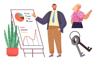 Man presenting graphs on flipchart, relaxed colleague pointing, potted plant and keys symbolizing growth, teamwork, success. Ideal for business strategy, leadership, collaboration, planning