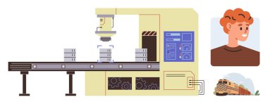 Industrial conveyor with robotic arm stacking objects, control panel, smiling worker s profile, and train. Ideal for production, logistics, industry, automation, shipping workforce transportation