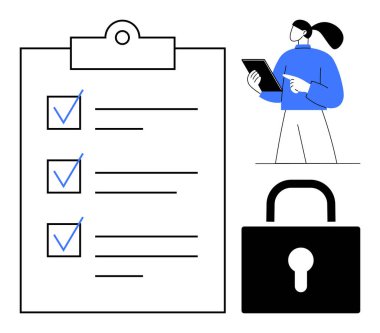 Checklist on clipboard with completed tasks, secure lock symbol, and individual reviewing a tablet. Ideal for productivity, task management, security, planning, project tracking, digital tools