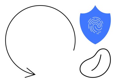 Circular arrow signifies continuity, blue shield with fingerprint indicates data security, bean-shaped object suggests connection. Ideal for technology, digital identity, data protection, encryption