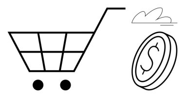 Shopping cart with two wheels, a coin with dollar sign, and a cloud. Ideal for e-commerce, retail, online shopping, digital sales, economy, financial transactions sustainable business simple flat