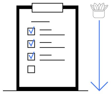 Clipboard with a checklist of tasks, marked blue checkmarks, downward blue arrow pointing to plant. Ideal for workflow, organization, task management, planning, sustainability, growth minimalism
