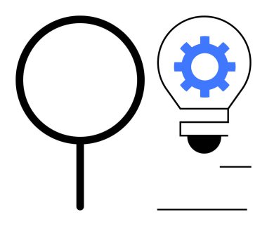 Magnifying glass and light bulb with gear inside emphasize analysis, creativity, innovation, strategy, teamwork, education, and brainstorming. Ideal for a simple flat metaphor