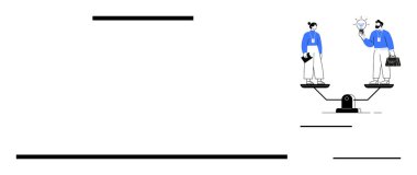 Two professionals on a seesaw balance while exchanging ideas. One holds a briefcase, and the other shares a lightbulb. Ideal for collaboration, equality, brainstorming, workplace dynamics
