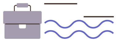 Gray briefcase paired with horizontal lines and flowing blue waves combines themes of work, flow, and balance. Ideal for career, productivity, harmony, workflow, organization, business strategy