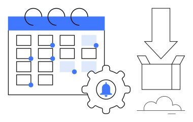 Calendar with highlighted dates, gear with notification bell icon, download arrow, and open box. Ideal for scheduling, reminders, productivity, cloud storage time management task automation. Simple