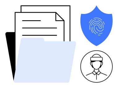 Folder with documents, fingerprint on shield, and person profile icon. Ideal for identity, security, privacy, data protection, document management digital access user authentication. Simple flat