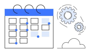 Monthly calendar grid with marked dates, gears symbolizing settings or workflow, and cloud element. Ideal for planning, productivity, teamwork, scheduling, automation, process management