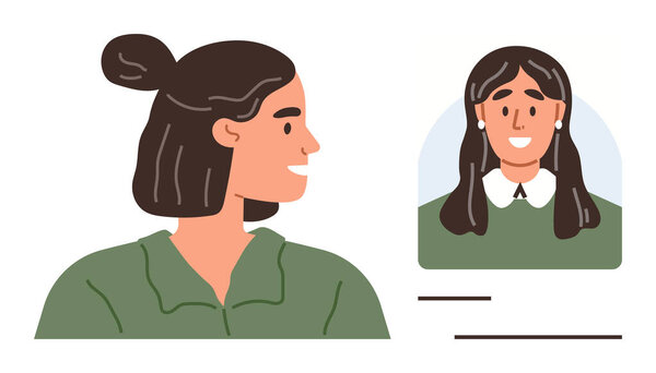 Woman looks at a profile picture with a name tag below, reflecting identity verification, social media interaction, or online presence. Ideal for networking, profiles, communication, digital