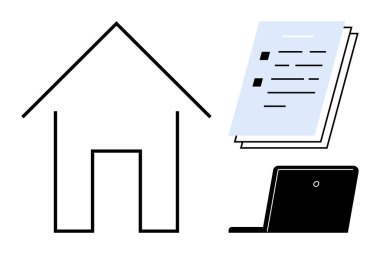 House outline, stack of documents, and laptop suggesting remote work, organization, and productivity. Ideal for work-life balance, telecommuting, organization, digital tools efficiency home