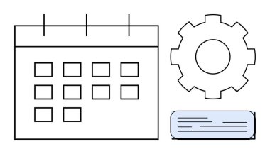 Calendar with grid layout, gear representing settings or automation, and text box. Ideal for scheduling, workflow, efficiency, organization, management strategy planning. Simple flat metaphor