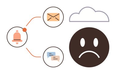 Frowning face with cloud overhead, branching icons of email, notifications, and messages. Ideal for concepts thumbs up stress, digital overload, communication, technology impact, poor mood