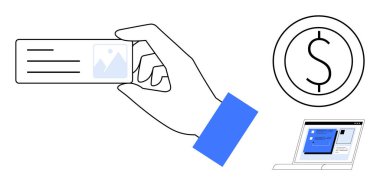 Hand holding a card, dollar sign, laptop with payment form. Ideal for finance, technology, banking, payment, ecommerce digital wallets transactions. Simple flat metaphor