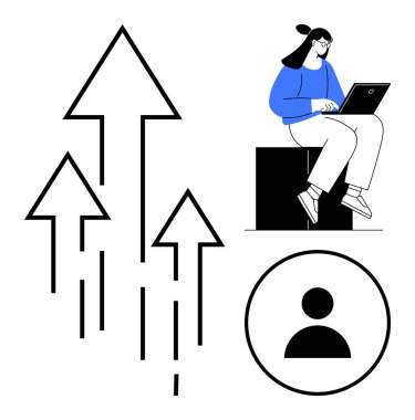 Woman using a laptop seated on a block, upward arrows indicating growth, circular profile icon. Ideal for career development, online identity, growth, networking, progress, goal achievement simple