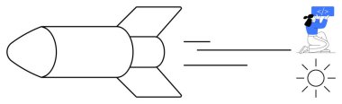 Rocket propelling forward, person holding coding blueprint, sun in background. Ideal for innovation, technology, growth, coding, aspirations, breakthroughs simple landing page