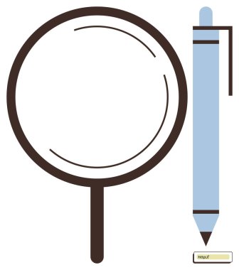 Magnifying glass, blue pen, and URL bar suggest research, online navigation, writing, investigation, discovery, education and analysis. Ideal for study knowledge creativity search engines
