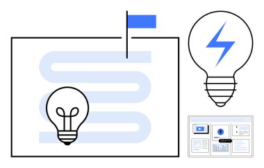 Light bulbs symbolize ideas and energy next to a flag marking a goal on a flowchart, with a screen showing data. Ideal for innovation, planning, strategy, business, creativity, energy technology. A