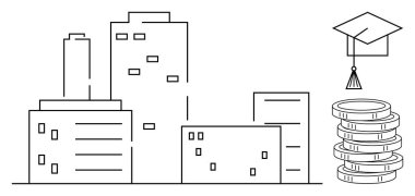 Tall buildings beside stack of coins topped with graduation cap, highlighting educations role in career growth. Ideal for education, finance, career, urban development, economy, success, simple flat