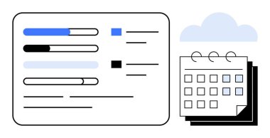 Progress bars with task statuses alongside a calendar for streamlined time management. Ideal for productivity, workflow, goal tracking, project planning, time organization, scheduling, simple flat
