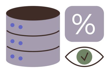 Data server stack, percentage box representing analytics, and an inspected eye signifying monitoring and validation. Ideal for technology, database management, statistics, analytics, data processing
