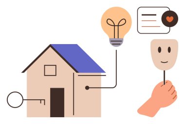 House with key, glowing light bulb, and a hand holding a smiling mask connect ideas of homeownership, creativity, and self-expression. Ideal for real estate, innovation, self-discovery, identity