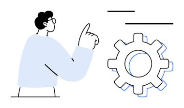 Man pointing at large gear, conveying innovation and focus. Ideal for teamwork, process management, innovation, technology, creativity, education strategic planning. Simple flat metaphor