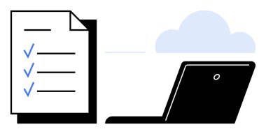 Checklist paper with blue checkmarks, open laptop connecting to a cloud. Ideal for productivity, teamwork, organization, remote work, cloud storage, digital workflow task tracking. Simple flat